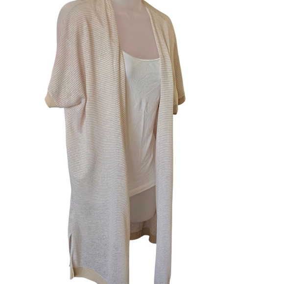 LOFT Striped Kimono Cardigan Open Front Short Sleeve Lightweight Beige Tan S - Picture 2 of 7
